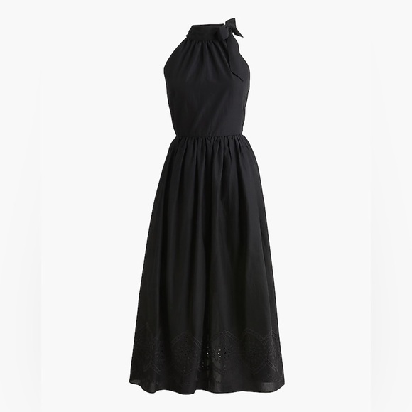 J. Crew Factory Tie-neck Midi Dress Eyelet Trim in Black Size 10 NWT - Picture 2 of 12
